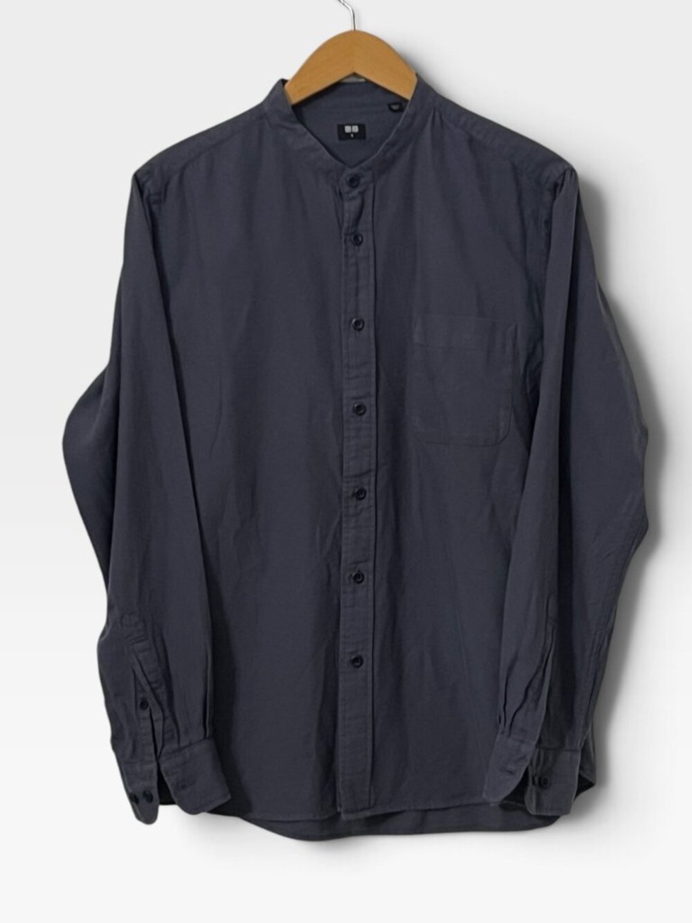 Uniqlo Mens S Band Collar Long Sleeve Shirt Navy Cotton Grandad Minimalist